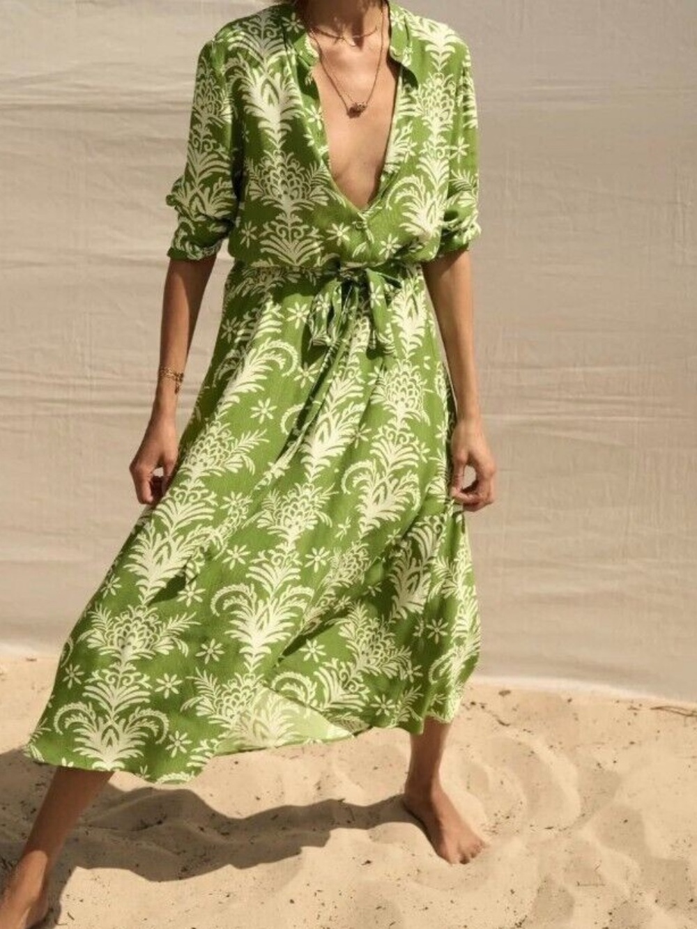 NWT Zara Lilou Green White Floral Print Midi Shirt Dress XXL